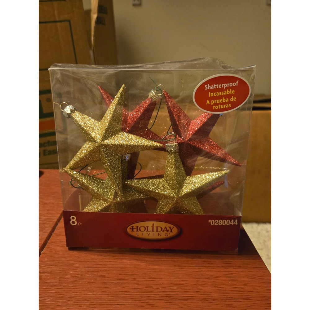 Holiday Living 8 Ct Shatterproof Star Ornaments Red Gold Glitter 0280044 Xmas
